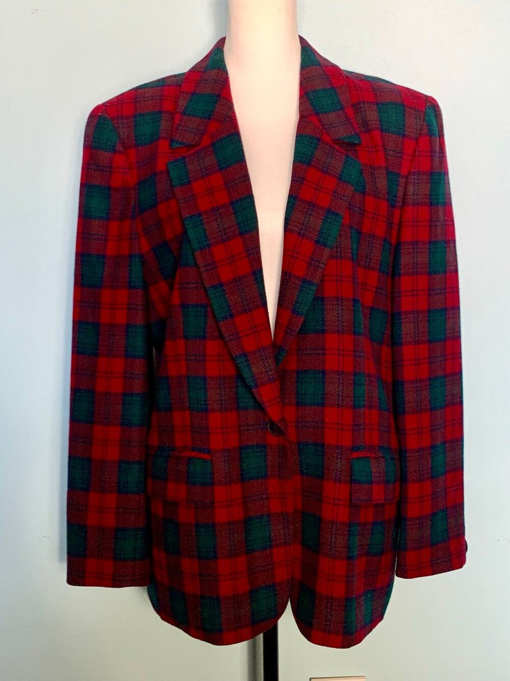 Pendleton Vintage Red and Green Plaid Wool Blazer Size 14
